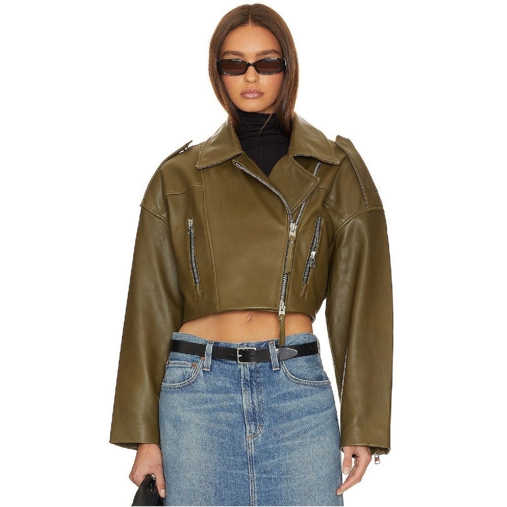AGOLDE x SHOREDITCH SKI CLUB Leather Jacket XS Y2K 90s Concert Edgy Olive Remi